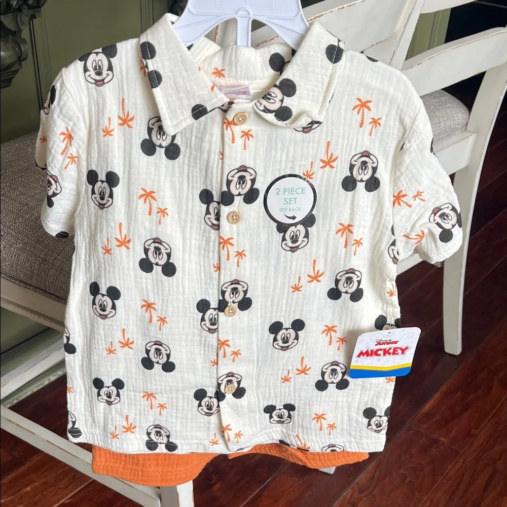 Disney Mickey Mouse Kids Button Down Shirt and Shorts Set- White and Orange